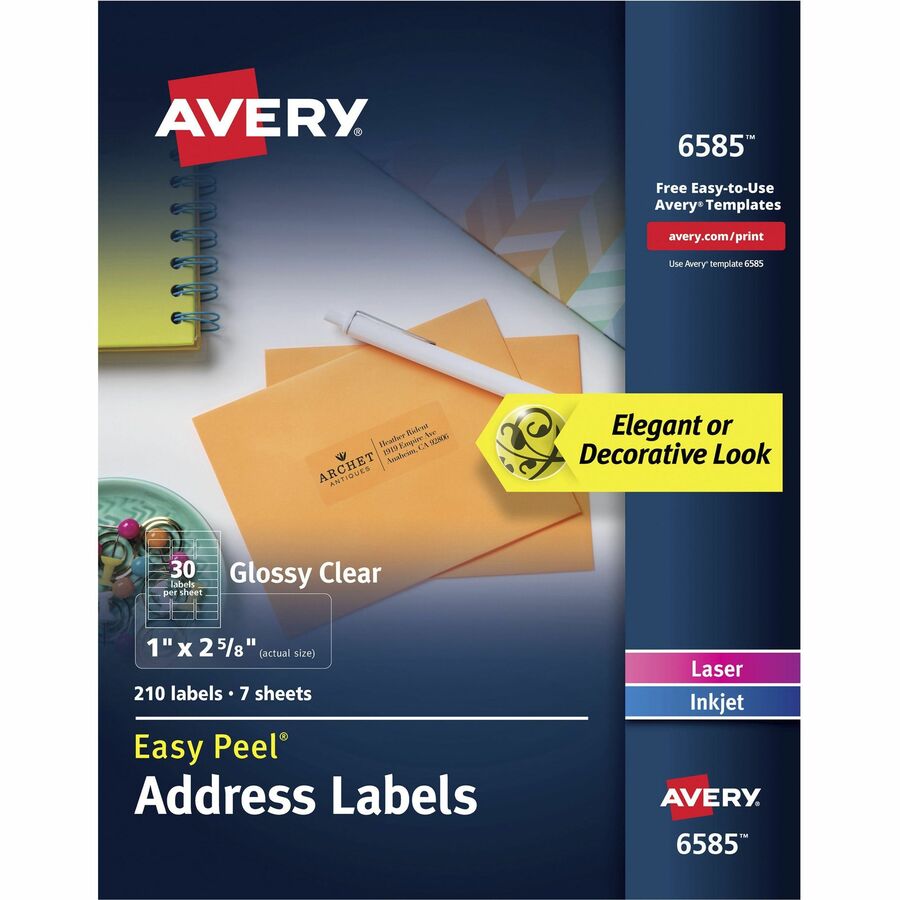 Avery®, Easy Peel Address Label - 2 5/8" Height x 1" Width - Permanent Adhesive - Rectangle - Laser, Inkjet - Clear - Film - 30 / Sheet - 35 Total Sheets - 1050 Total Label(s) - 5 / Carton