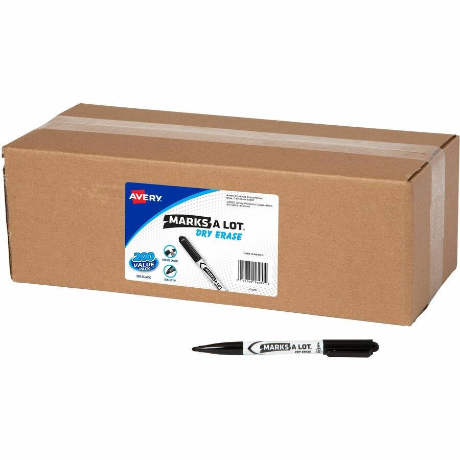 Avery®, Marks A Lot Marks-A-Lot Value Pack Dry Erase Markers - Bullet Marker Point - Erasable - Black Ink - Home, School - 200 / Carton