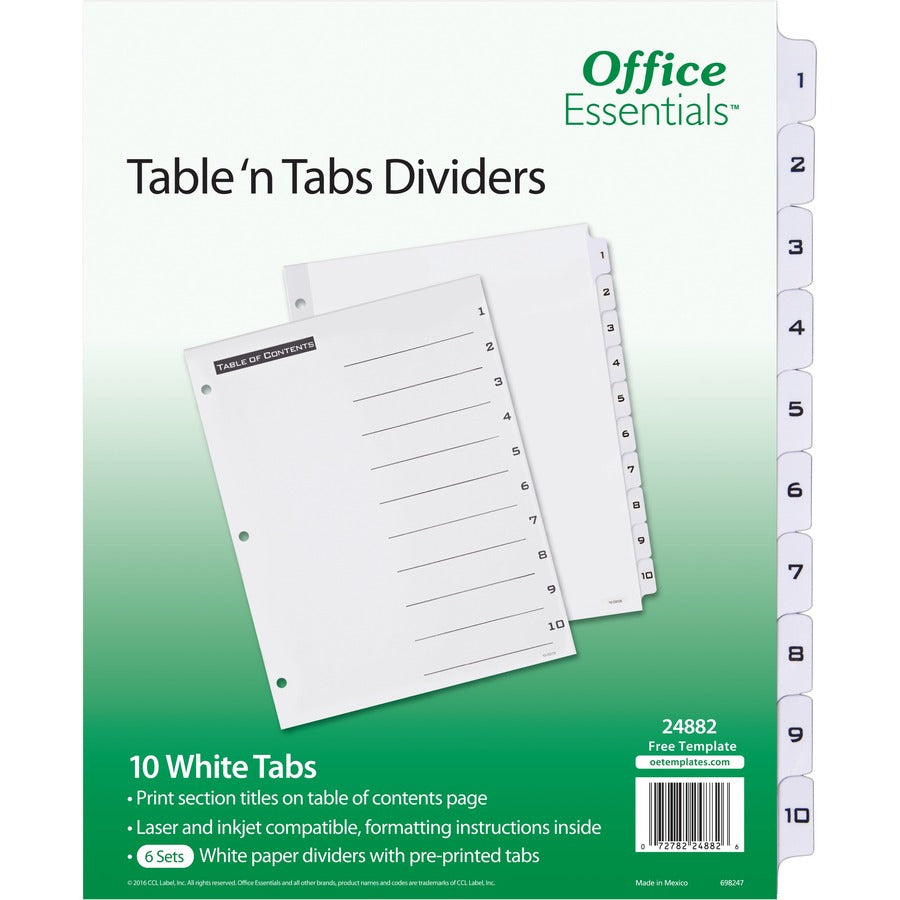 Avery®, Table 'n Tabs White Tab Numbered Dividers - 360 x Divider(s) - 360 Tab(s) - 1-10 - 10 Tab(s)/Set - 8.5" Divider Width x 11" Divider Length - 3 Hole Punched - White Paper Divider - Black Paper, White Tab(s) - 10/Pack - 1 Carton