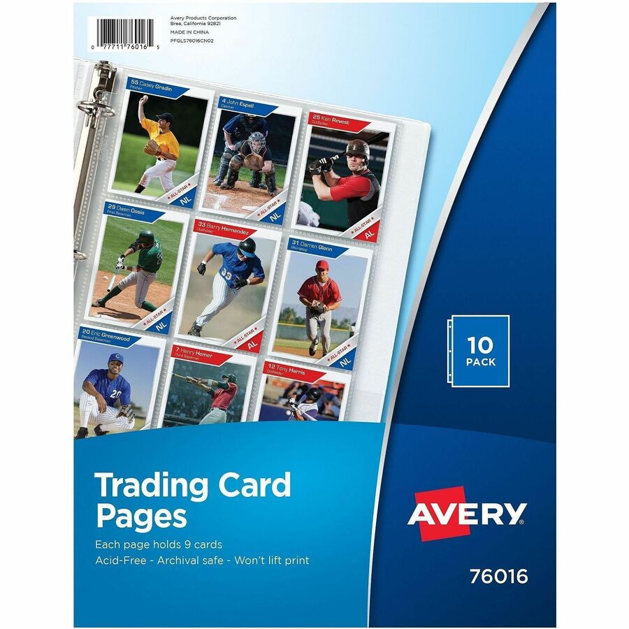 Avery®, Trading Card Pages - 90 x Trading Card Capacity - 3 x Rings - Ring Binder - Clear - 10/Pack - 1 Carton