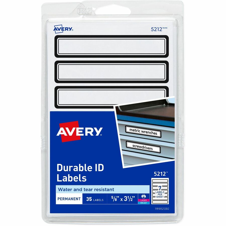 Avery®, Durable ID Labels - 5/8" Widthss x 3 1/2" Length - Permanent Adhesive - Rectangle - Matte - White - Blue Border - Film - Water Resistant - 7 / Sheet - 5 Total Sheets - 630 Total Label(s) - 35/Pack - 18 / Carton