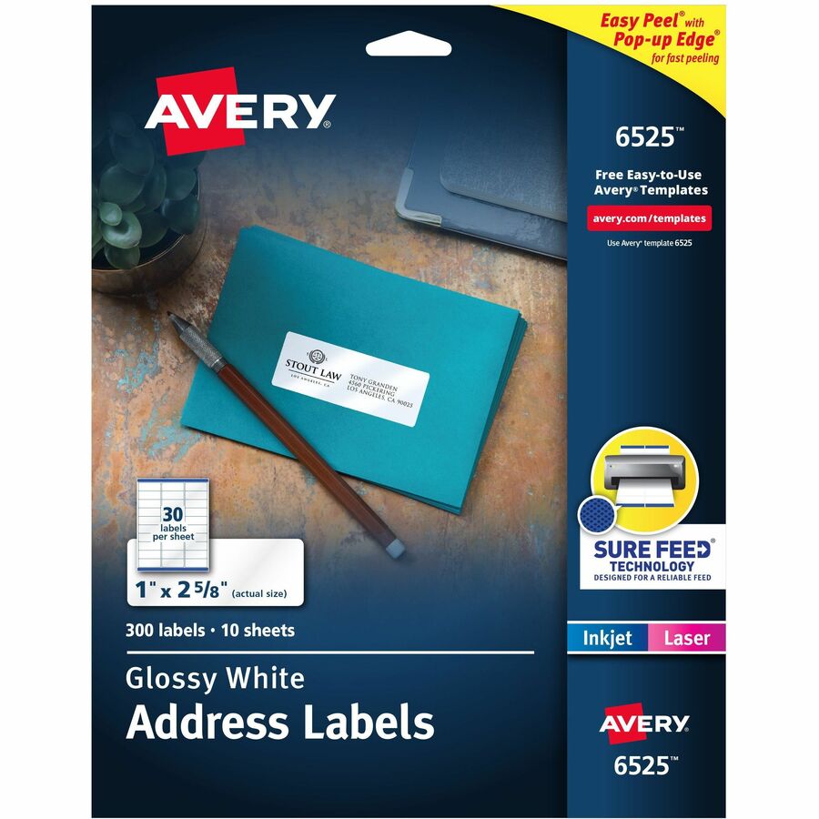 Avery®, Easy Peel Glossy Address Labels - 1" Width x 2 5/8" Length - Permanent Adhesive - Rectangle - Laser, Inkjet - Glossy - White - Paper - 30 / Sheet - 10 Total Sheets - 300 Total Label(s) - 1 Carton