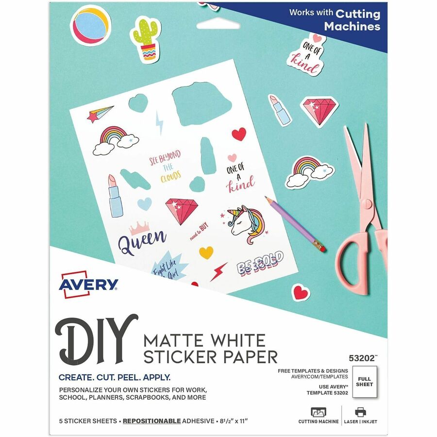 Avery®, Matte White Sticker Project Paper - Letter - 8 1/2" x 11" - Matte - Printable, Removable Adhesive, Die-cut, Repositionable, Lignin-free, Easy to Cut, Acid-free, PVC-free - White - 5 Sheets - 1 Carton