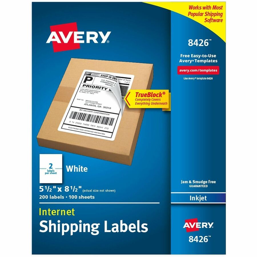 Avery®, Printable Shipping Labels, 5.5" x 8.5" , 200 Labels (8426) - 5 1/2" Width x 8 1/2" Length - Permanent Adhesive - Rectangle - Inkjet - White - Paper - 2 / Sheet - 100 Total Sheets - 200 Total Label(s) - 200 / Pack