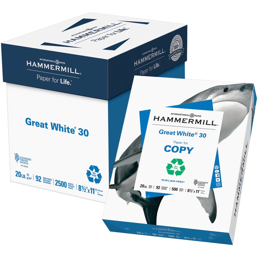 Hammermill Great White 30 Copy Paper - White - 92 Brightness - Letter - 8 1/2" x 11" - 20 lb Basis Weight - 75 g/m², Grammage - Sustainable Forestry Initiative (SFI) - Acid-free, Moisture Resistant, Jam-free - White - 2500 Sheets - 500 Sheets per R...