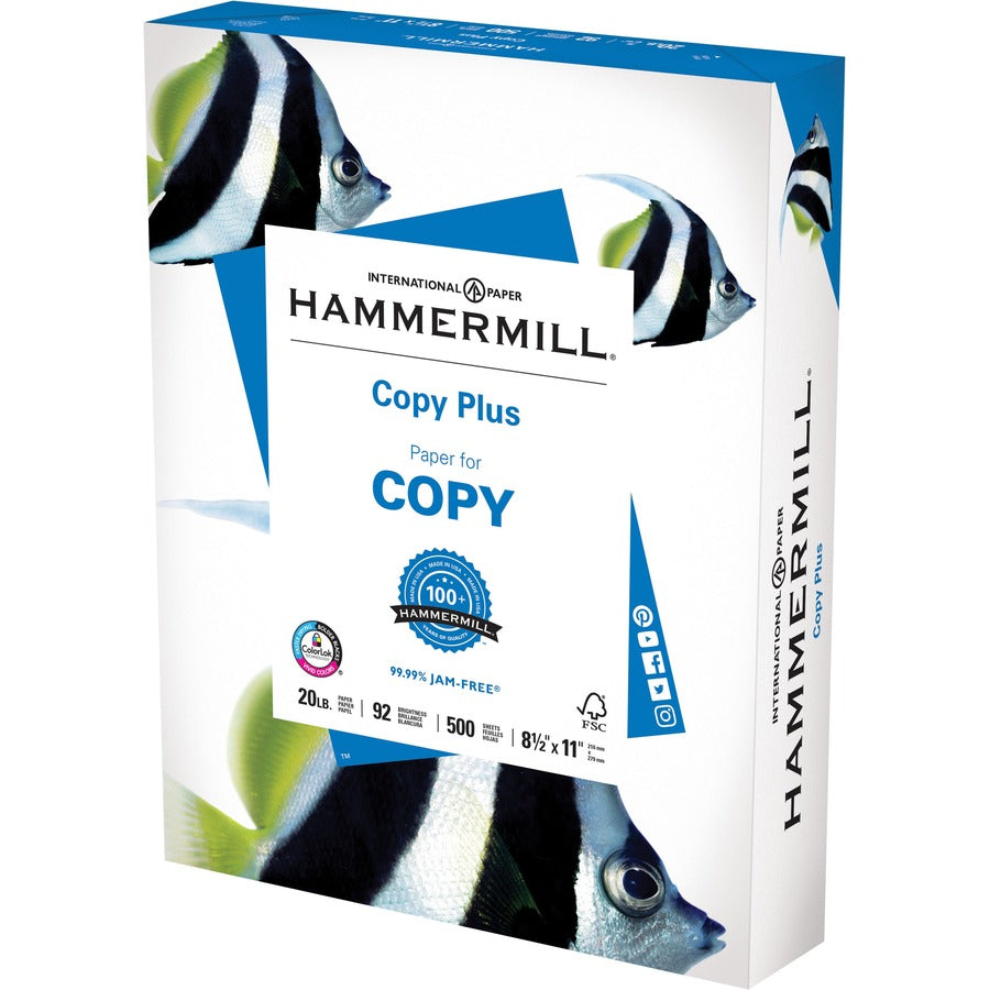 Hammermill Copy Plus Paper - White - 92 Brightness - Letter - 8 1/2" x 11" - 20 lb Basis Weight - 75 g/m², Grammage - Acid-free, ColorLok Technology, Jam-free - White - 500 Sheets per Ream - 5 / Carton