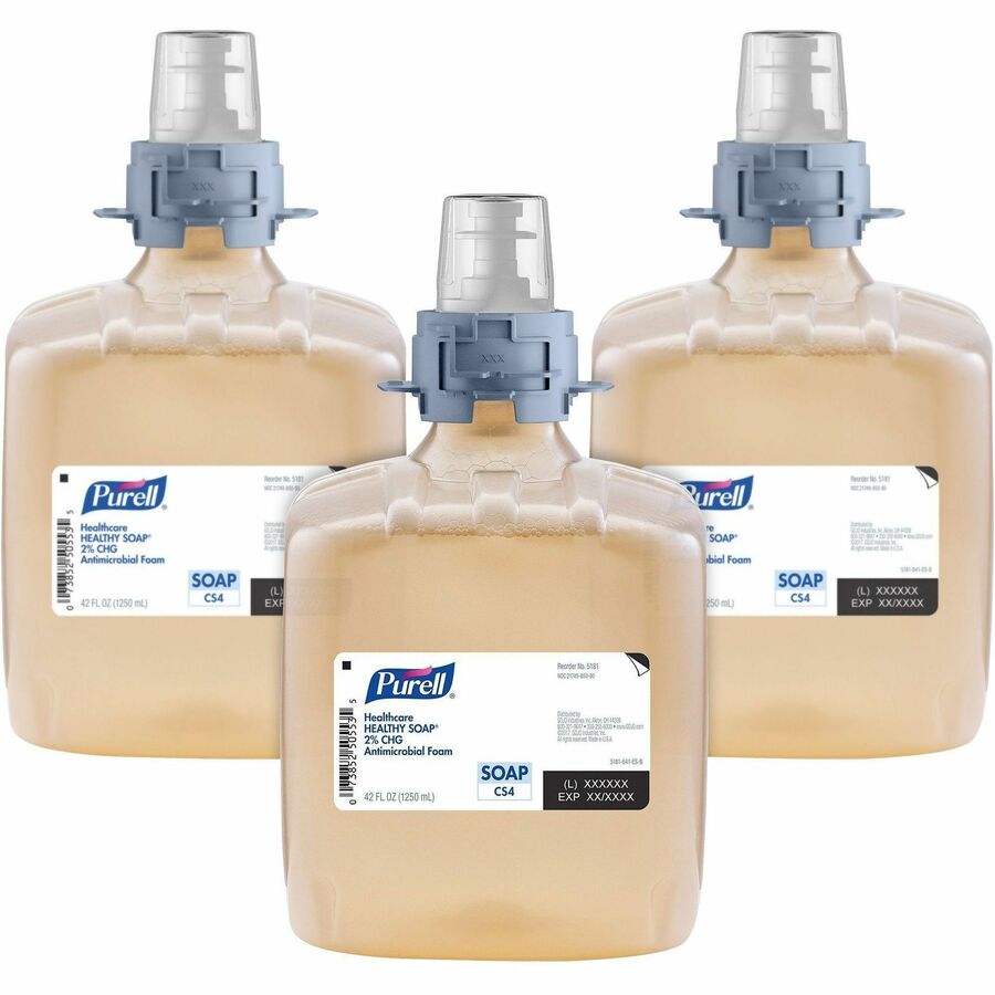 PURELL®, CS4 Healthcare Foam Handwash 2% CHG Antimicrobial Foam Refill - 1.32 quart - Kill Germs, Bacteria Remover - Hand, Hospital, Healthcare, Skin - Moisturizing - Non-irritating, Dye-free, Fragrance-free, Rich Lather - 3 / Carton