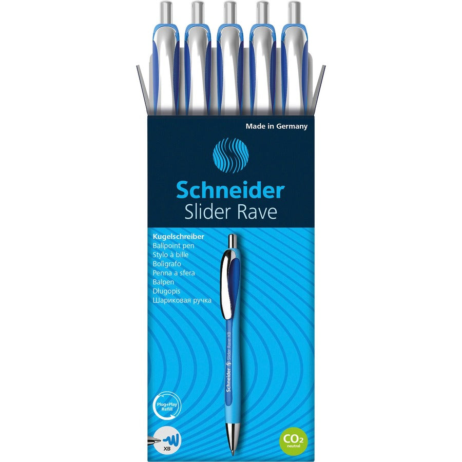 Schneider Slider Rave XB Ballpoint Pen - Retractable - Blue Ink - Blue Rubberized, Light Blue Barrel - Stainless Steel Tip - 5 / Pack