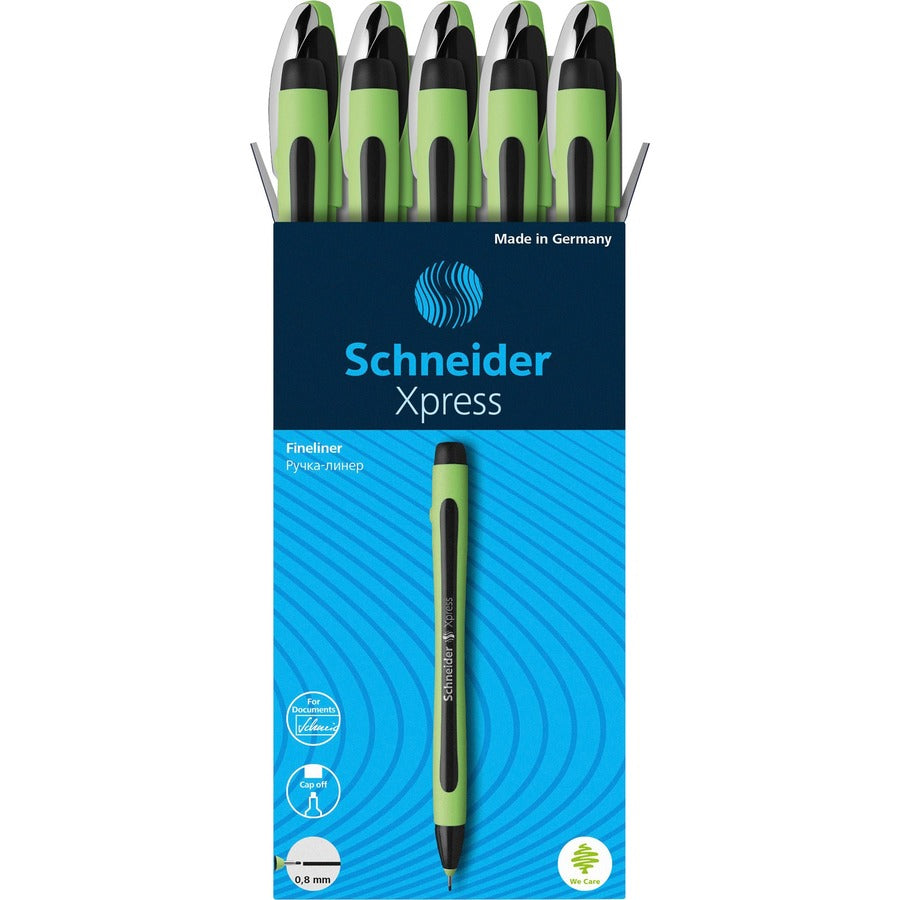 Schneider Xpress Fineliner Pen - Black Ink - Black Rubberized, Green Barrel - Stainless Steel Tip - 10 / Pack