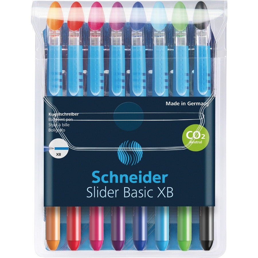 Schneider Slider Basic XB Ballpoint Pen Wallet - Black, Red, Blue, Light Green, Orange, Violet, Pink, Light Blue Ink - Transparent Rubberized, Black, Red, Blue, Light Green, Orange, Violet, Pink, Light Blue Barrel - Stainless Steel Tip - 1 Pack