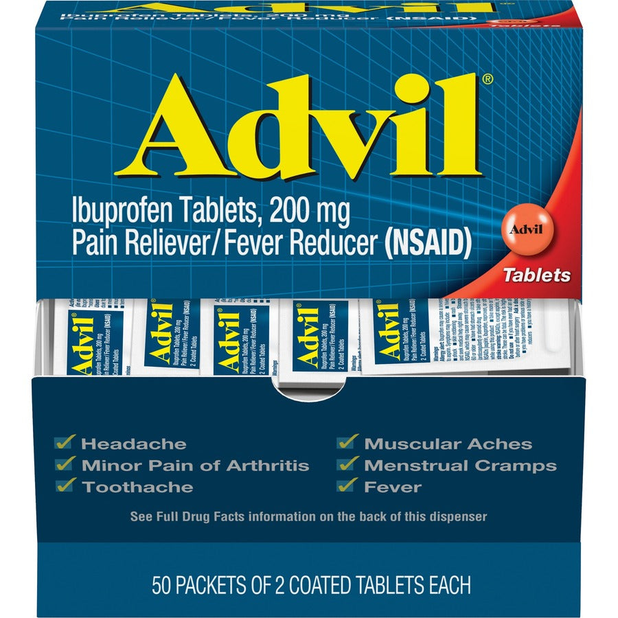 Advil Ibuprofen Tablets - For Pain, Headache, Backache, Menstrual Cramp, Joint Pain, Fever - 50 Packets/Box - 1 Box