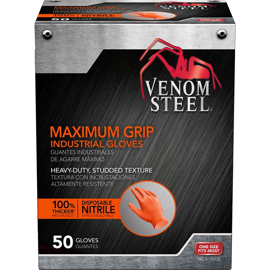 Venom Maximum Grip Nitrile Gloves - 8 mil Thickness x 9.50" Glove Length - Chemical Protection - Universal Size - Diamond Textured - Orange - Embossed, Non-slip Grip, Chemical Resistant, Rip Resistant, Puncture Resistant, Tear Resistant - For Painting...