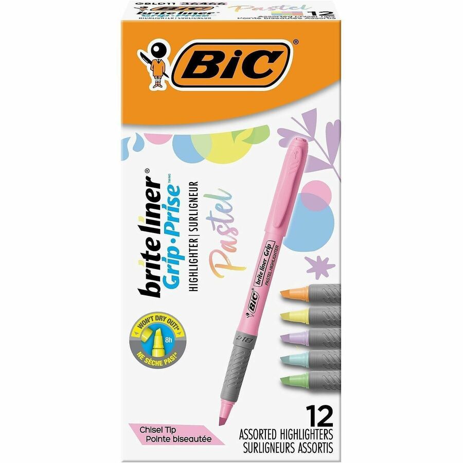 BIC Brite Liner Grip Highlighters, Assorted - Assorted, Pastel Yellow, Pastel Pink, Pastel Blue, Pastel Green, Pastel Purple, Pastel Orange Ink - 12 / Dozen