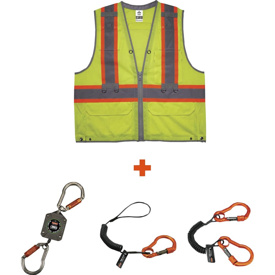 Ergodyne 8231TVK Hi-Vis Tool Tethering Safety Vest Kit - Class 2 - Recommended for: Accessories, Construction, Utility, Oil & Gas, Telecommunication, Power Generation - 2-Xtra Large/3-Xtra Large - Lime - Chest Pocket, High Visibility, Reflective, Pen S...
