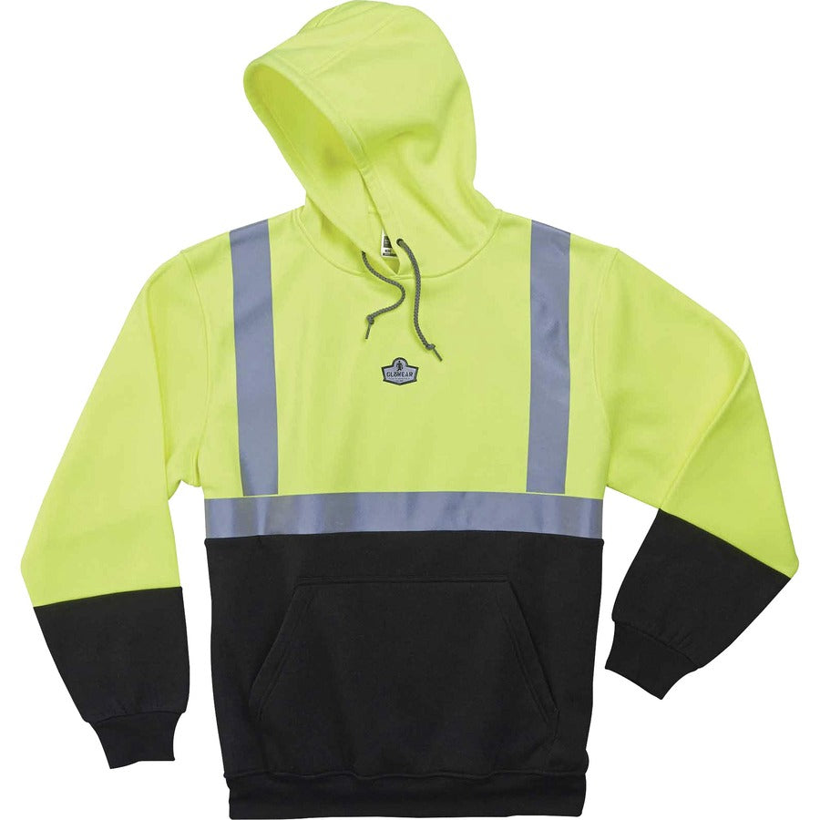Ergodyne 8293 Type R Class 2 Front Hooded Sweatshirt - 4XL Size Hood Collar - Black, Lime - Polar Fleece