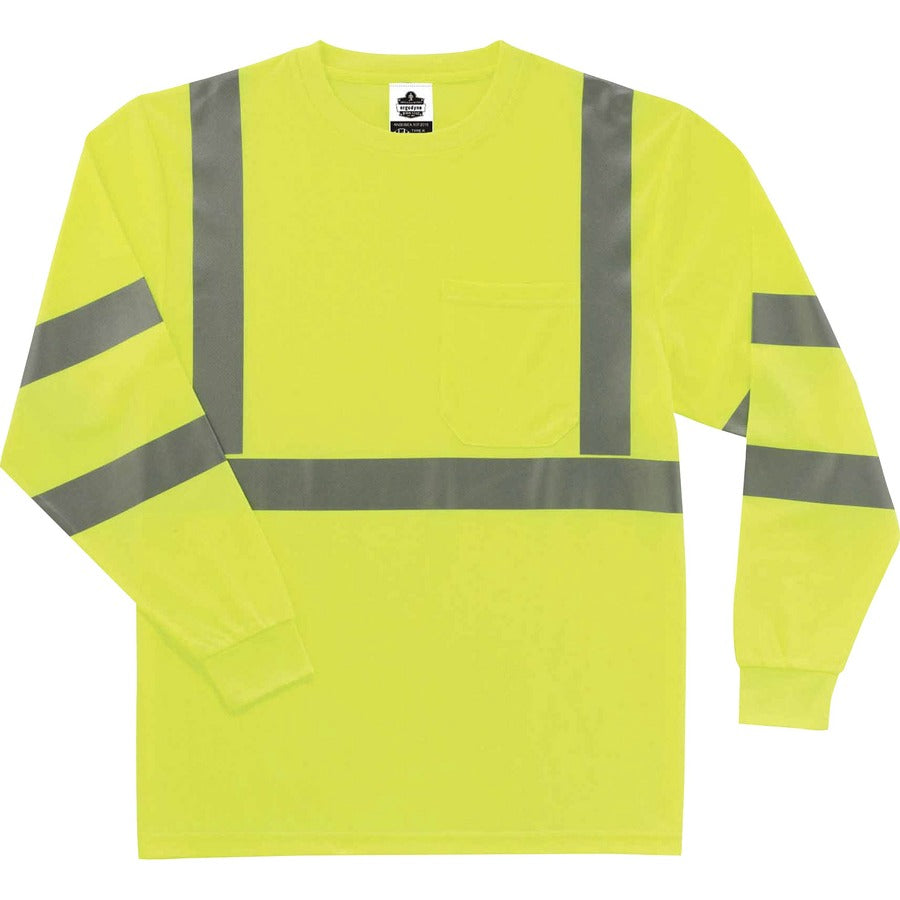 Ergodyne 8391 Type R Class 3 Long Sleeve T-Shirt - Large - Polyester - Lime - Breathable, Moisture Resistant, UV Resistant, Reflective, Heat Resistant, Chest Pocket - 1 Each