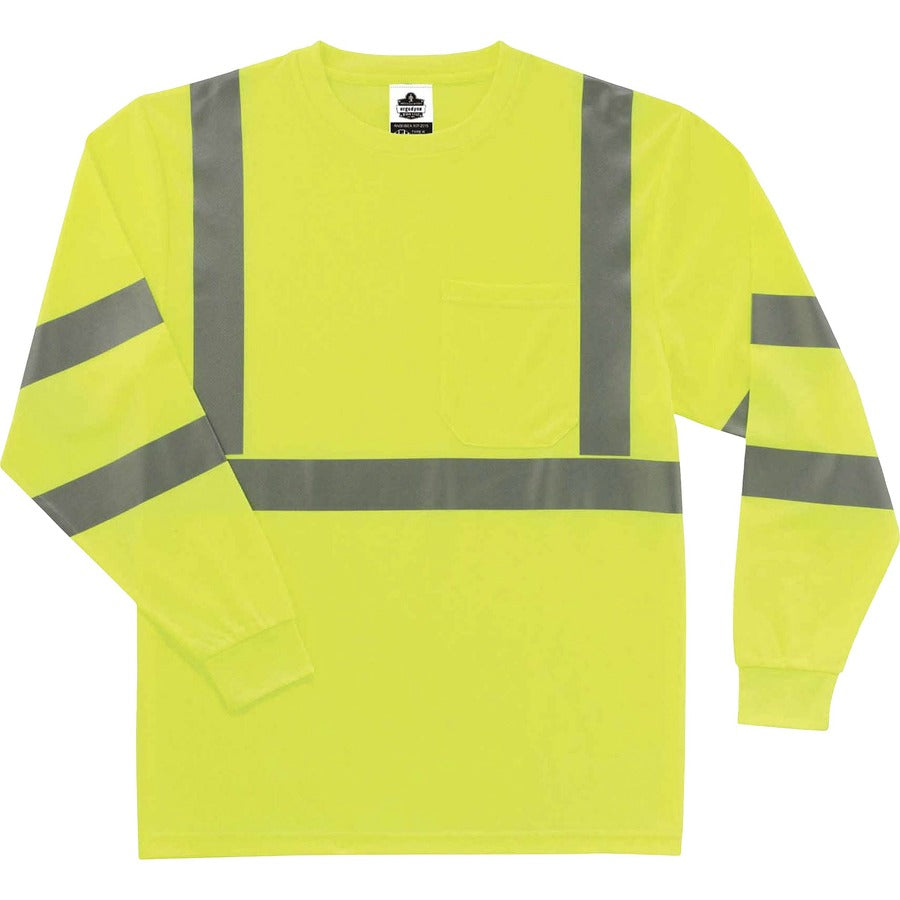 Ergodyne 8391 Type R Class 3 Long Sleeve T-Shirt - 2-Xtra Large - Polyester - Lime - Breathable, Moisture Resistant, UV Resistant, Reflective, Heat Resistant, Chest Pocket - 1 Each