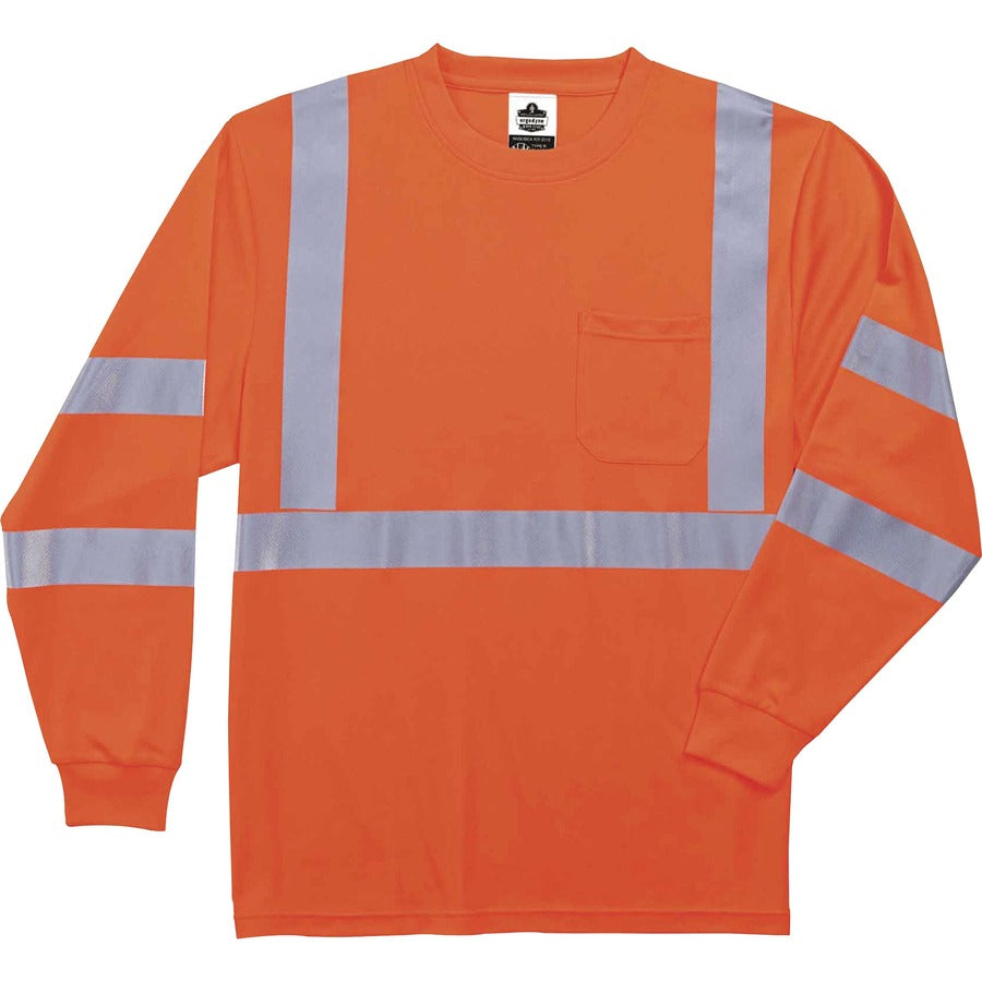 Ergodyne 8391 Type R Class 3 Long Sleeve T-Shirt - 3-Xtra Large - Polyester - Orange - Breathable, Moisture Resistant, UV Resistant, Reflective, Heat Resistant, Chest Pocket - 1 Each