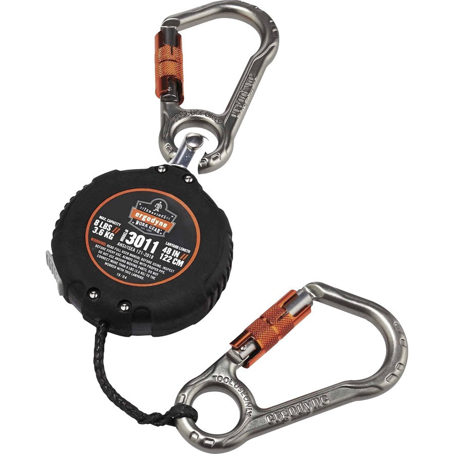 Ergodyne 3011 Retractable Tool Lanyard with Carabiner Mount - Adjustable - 8 lb Load Capacity - Standard - Carabiner Attachment - 1" Height x 9.3" Width x 48" Length - Black - Aluminum, ABS Plastic - 1 Each