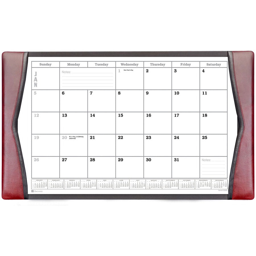 Dacasso Leather Calendar Desk Pad - Rectangular - 12 Sheets - Top Grain Leather, Velveteen - Burgundy