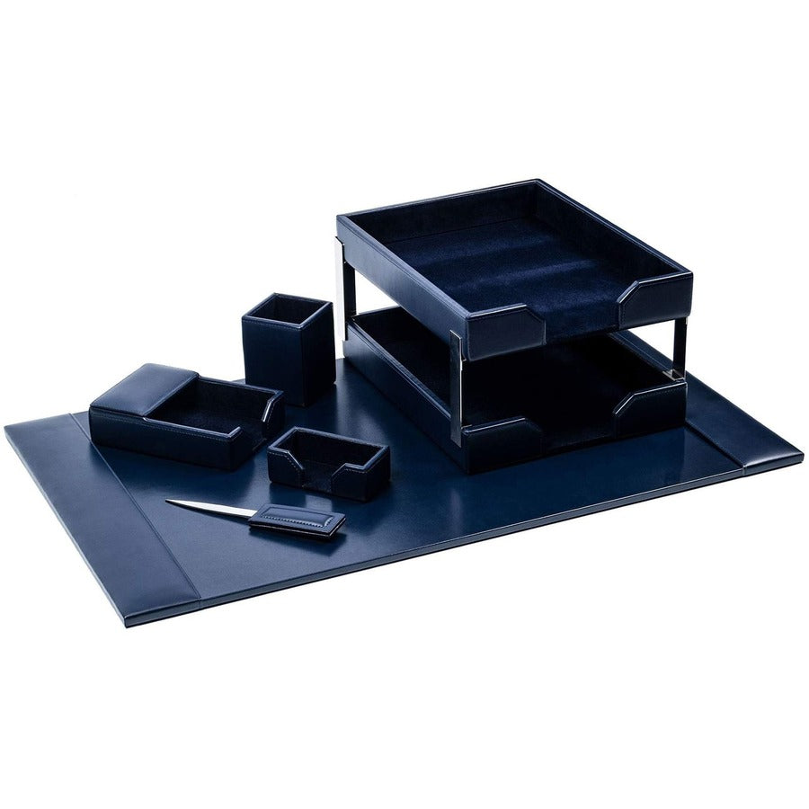 Dacasso Bonded Leather Desk Set - Leather, Velveteen - Navy Blue - 1 Each