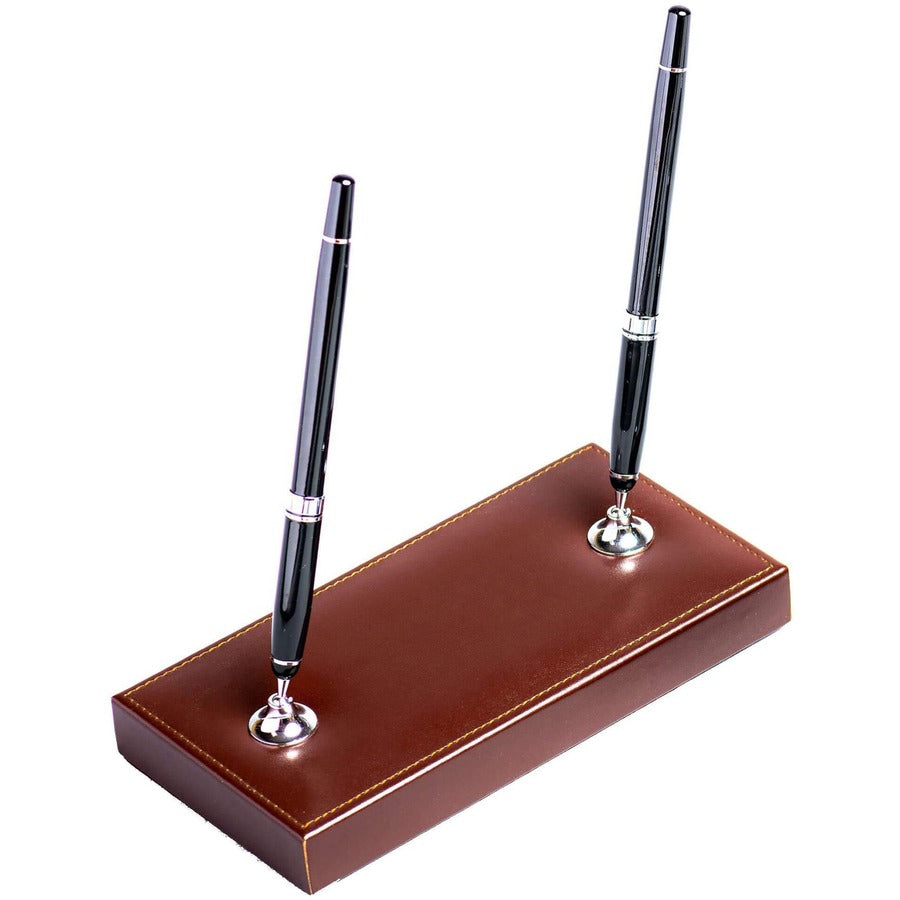 Dacasso Bonded Leather Double Pen Stand - Bonded Leather - Dark Brown, Silver - 1 Each