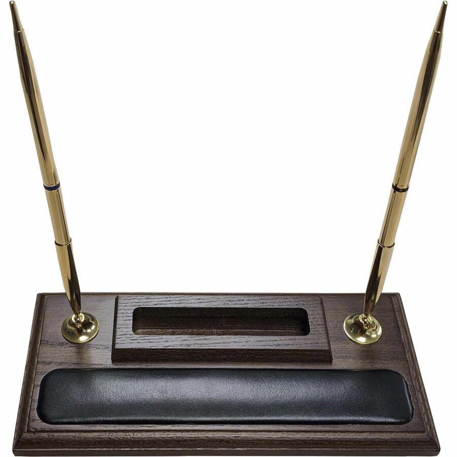 Dacasso Walnut & Leather Double Pen Stand/Cell Phone Holder - Leather, Wood, Rubber - Black, Walnut - 1 Each