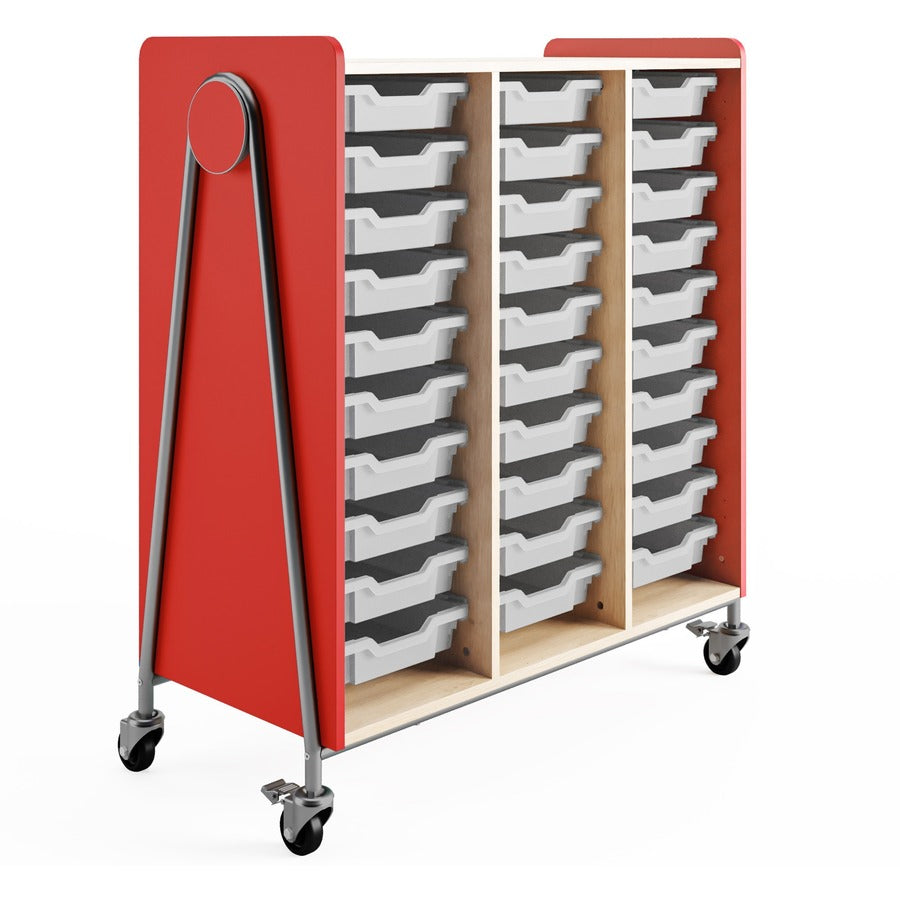 Safco Whiffle Typical Triple Rolling Storage Cart - 330 lb Load Capacity - 4 Casters - 3" Caster Size - Laminate, Particleboard, Polyvinyl Chloride (PVC), Metal, Thermofused Laminate (TFL) - 43.25" Width x 19.75" Depth x 48" Height - Steel Frame - Red...