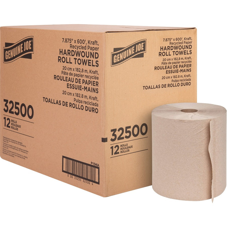 Genuine Joe Embossed Hardwound Roll Towels - 7.87" Width x 600 ft Length - 2" Core - Embossed Design - Brown - 12 / Carton