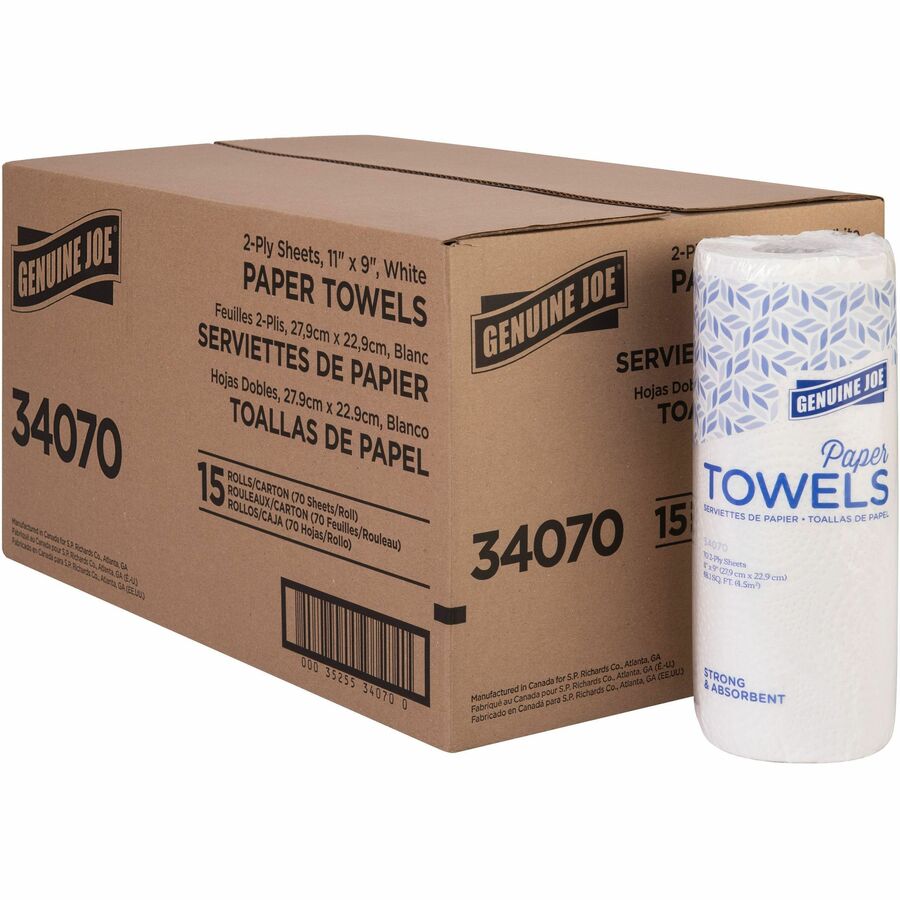 Genuine Joe Kitchen Roll Towels - 2 Ply - 9" Width x 11" Length - 70 Sheets/Roll - White - Paper - 15 / Carton