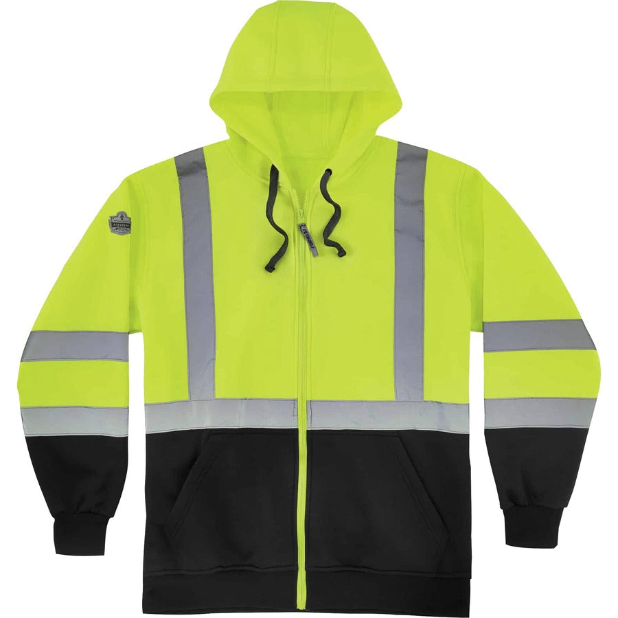 Ergodyne Zip-Up Hi-Vis Hooded Sweatshirt - Recommended for: Construction, Biking, Snowmobiling, Outdoor, Ice Fishing, Traffic - 3-Xtra Large - Dirt, Grime Protection - Zipper Closure - Polar Fleece, Polar Fleece - Yellow, Black - Reflective Strap, Draw...