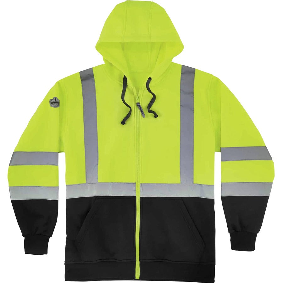 Ergodyne Zip-Up Hi-Vis Hooded Sweatshirt - Recommended for: Construction, Biking, Snowmobiling, Outdoor, Ice Fishing, Traffic - Large - Dirt, Grime Protection - Zipper Closure - Polar Fleece, Polar Fleece - Yellow, Black - Reflective Strap, Drawstring...