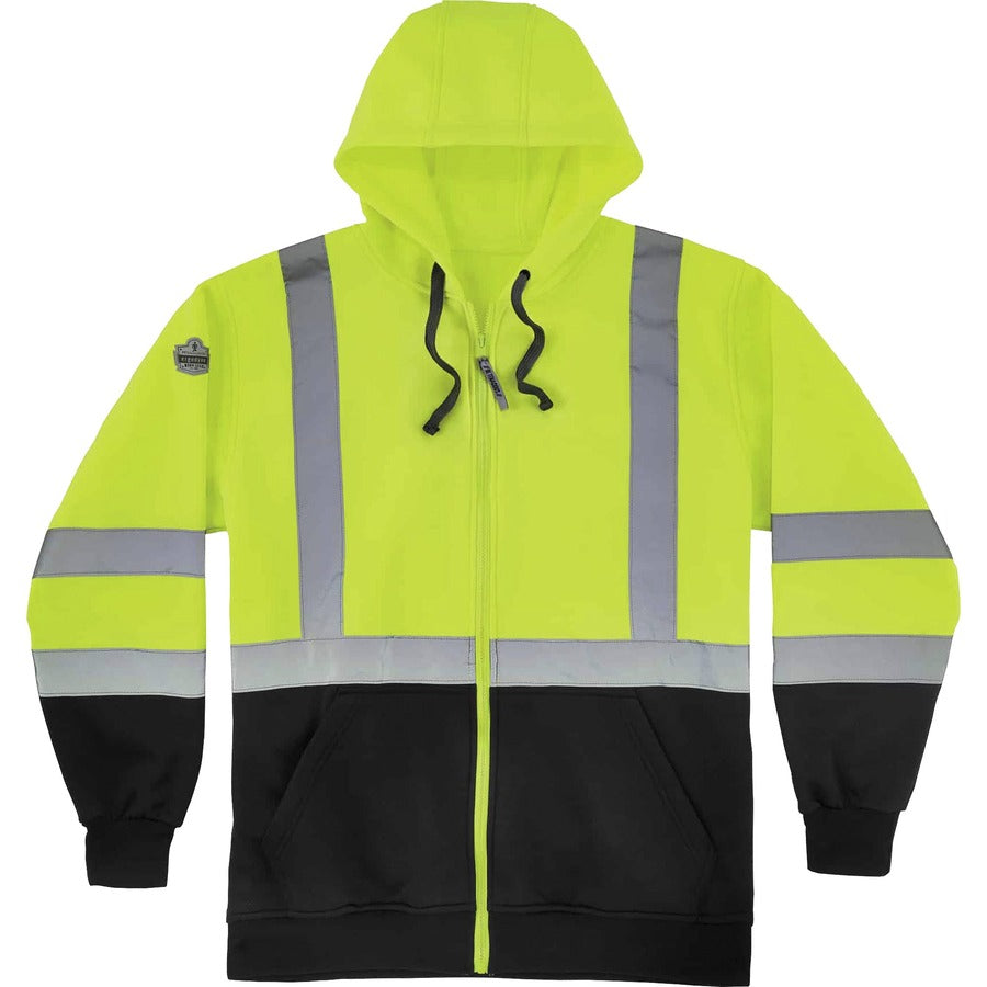 Ergodyne Zip-Up Hi-Vis Hooded Sweatshirt - Recommended for: Construction, Biking, Snowmobiling, Outdoor, Ice Fishing, Traffic - X-Large - Dirt, Grime Protection - Zipper Closure - Polar Fleece, Polar Fleece - Yellow, Black - Reflective Strap, Drawstrin...