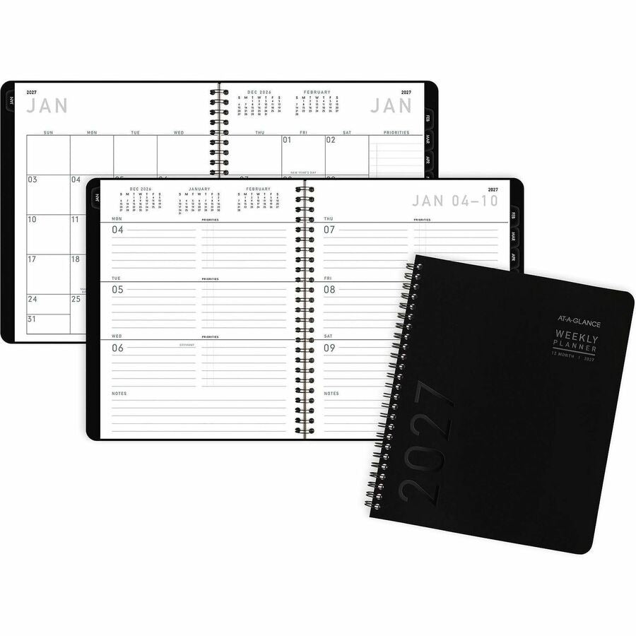 At-A-Glance Contemporary Lite Planner - Medium - Monthly, Weekly - 12 Month - January 2027 to December 2027 - 1 Week, 1 Month Double Page Layout - 7" x 8 3/4" Sheet Size - White Sheet - Wire Bound - Black - Paper, Faux Leather - Black, Gold Cover - 1 Each