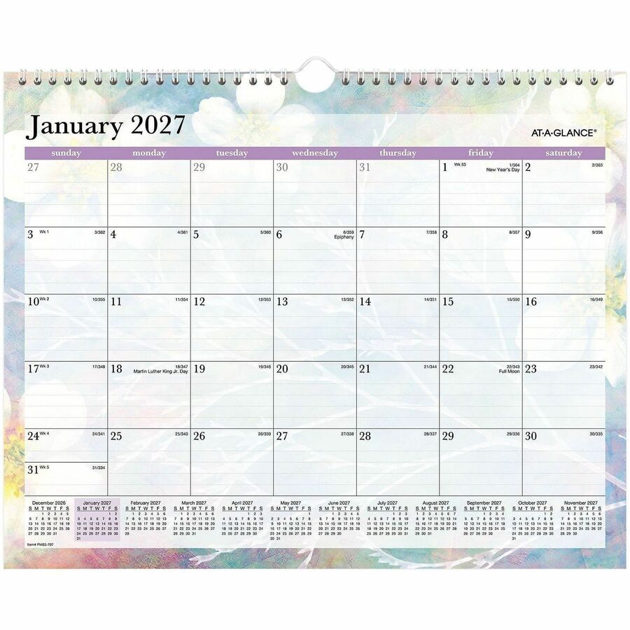 At-A-Glance Dreams Wall Calendar - Medium - Julian Dates - Monthly - 12 Month - January 2027 to December 2027 - 1 Month Single Page Layout - 15" x 12" Sheet Size - White Sheet - Wire Bound - Blue, White, Purple, Yellow - Paper - 12" Height x 15" Width...