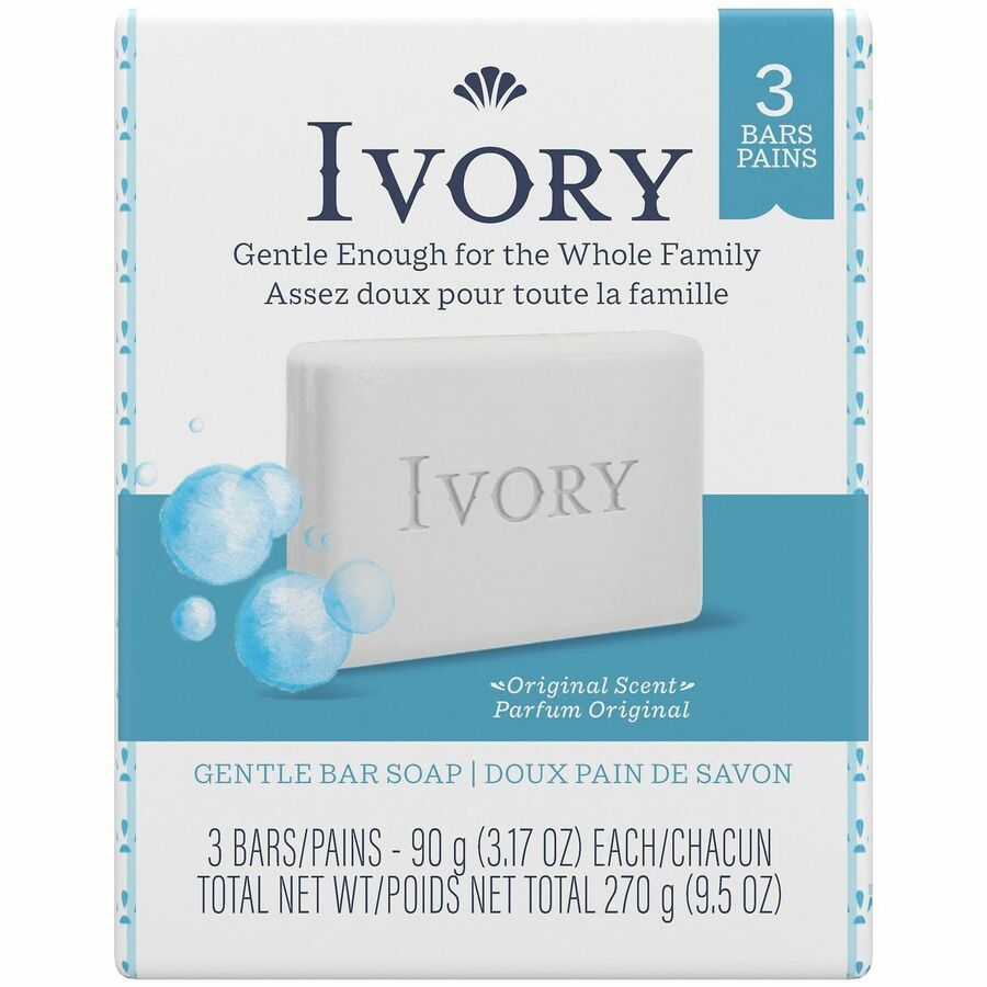 Ivory Bar Soap - Ivory-clean Scent - 3.10 oz - Dirt Remover, Oil Remover - Skin - White - Non-clog - 3 / Pack