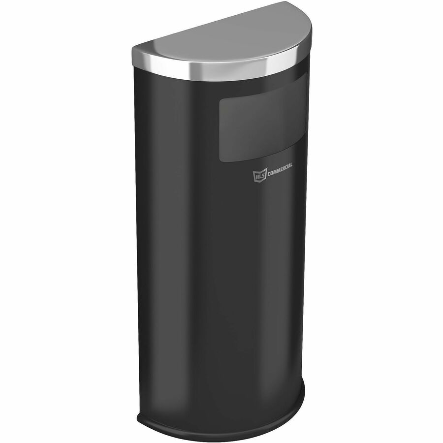 HLS Commercial 9-Gallon Half-Round Side-Entry Trash Can - 9 gal Capacity - Half-round - Removable Lid, Handle, Wall Mountable, Fingerprint Resistant, Smudge Resistant, Reinforced - 35.4" Height x 7.9" Width - Powder Coated Steel, Galvanized Steel - Bla...