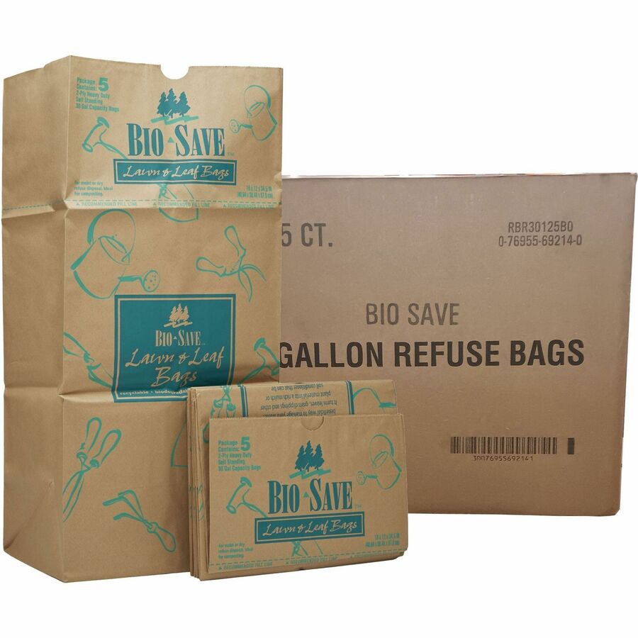 Bio Save Bio-Save 30-gallon Lawn & Leaf Bags - 30 gal Capacity - 12" Length x 16" Width - Brown - Kraft - Waste Disposal - 50 / Carton