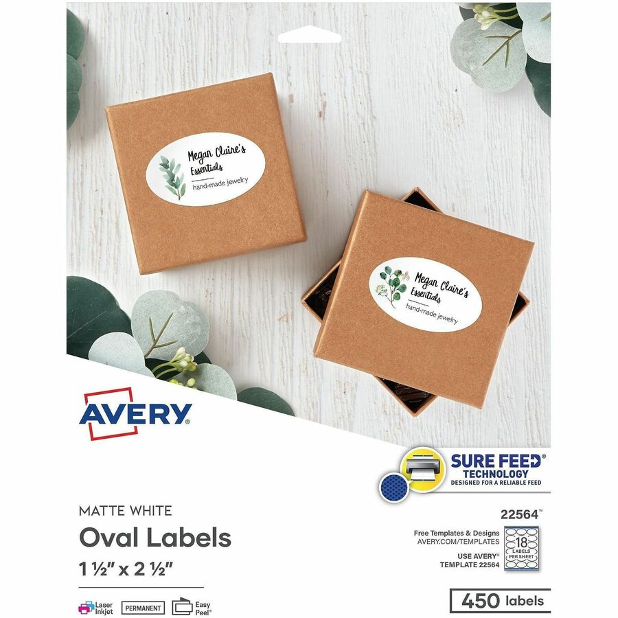 Avery®, Printable Oval Labels, 1.5" x 2.5" , White, 450 Labels (22564) - x 1 1/2" Width x 2 1/2" Length - Permanent Adhesive - Oval - Laser, Inkjet - Matte - White - Paper - 18 / Sheet - 25 Total Sheets - 450 Total Label(s) - For Label Printer - 450...
