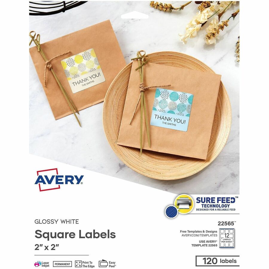 Avery®, Printable Square Labels, 2" x 2" , White, 120 Labels (22565) - Waterproof - x 2" Width x 2" Length - Permanent Adhesive - Square - Inkjet, Laser - Glossy - White - Paper - 12 / Sheet - 10 Total Sheets - 120 Total Label(s) - For Label Printer...
