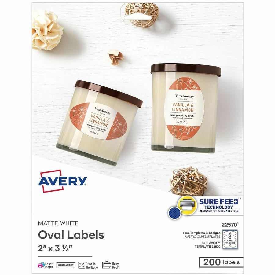 Avery Printable Oval Labels, 2" x 3-1/3" , White, 200 Labels (22570) - x 2" Width x 3 21/64" Length - Permanent Adhesive - Oval - Laser, Inkjet - Matte - White - Paper - 8 / Sheet - 25 Total Sheets - 200 Total Label(s) - For Label Printer - 200 / Pack