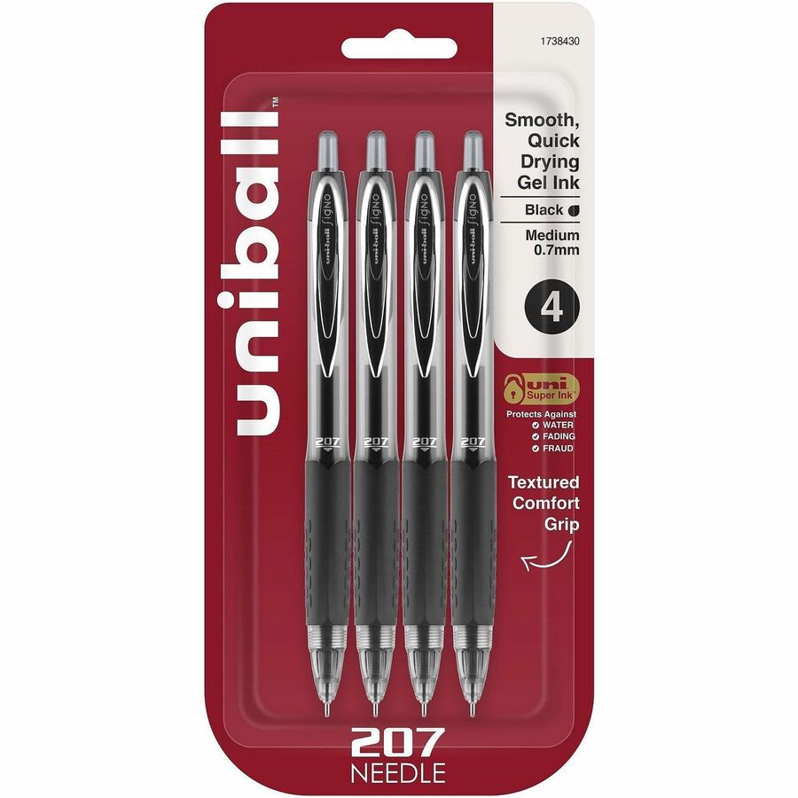 uniball™, 207 Needle Gel Pens - Refillable - Retractable - Black Ink - Gel-based - Black Plastic Barrel - Tungsten Carbide, Stainless Steel Tip - 4 / Pack