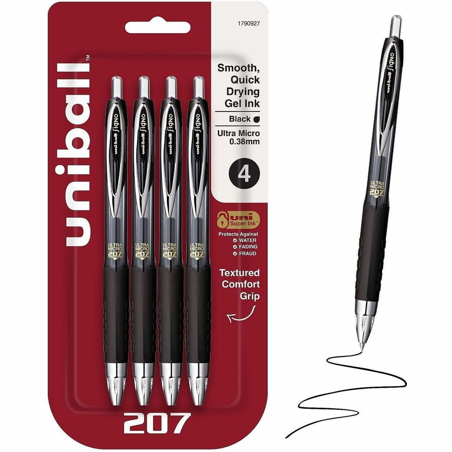uniball™, 207 Gel Pen - Refillable - Retractable - Black Ink - Gel-based, Pigment-based - Plastic Barrel - Tungsten Carbide, Stainless Steel Tip - 4 / Pack