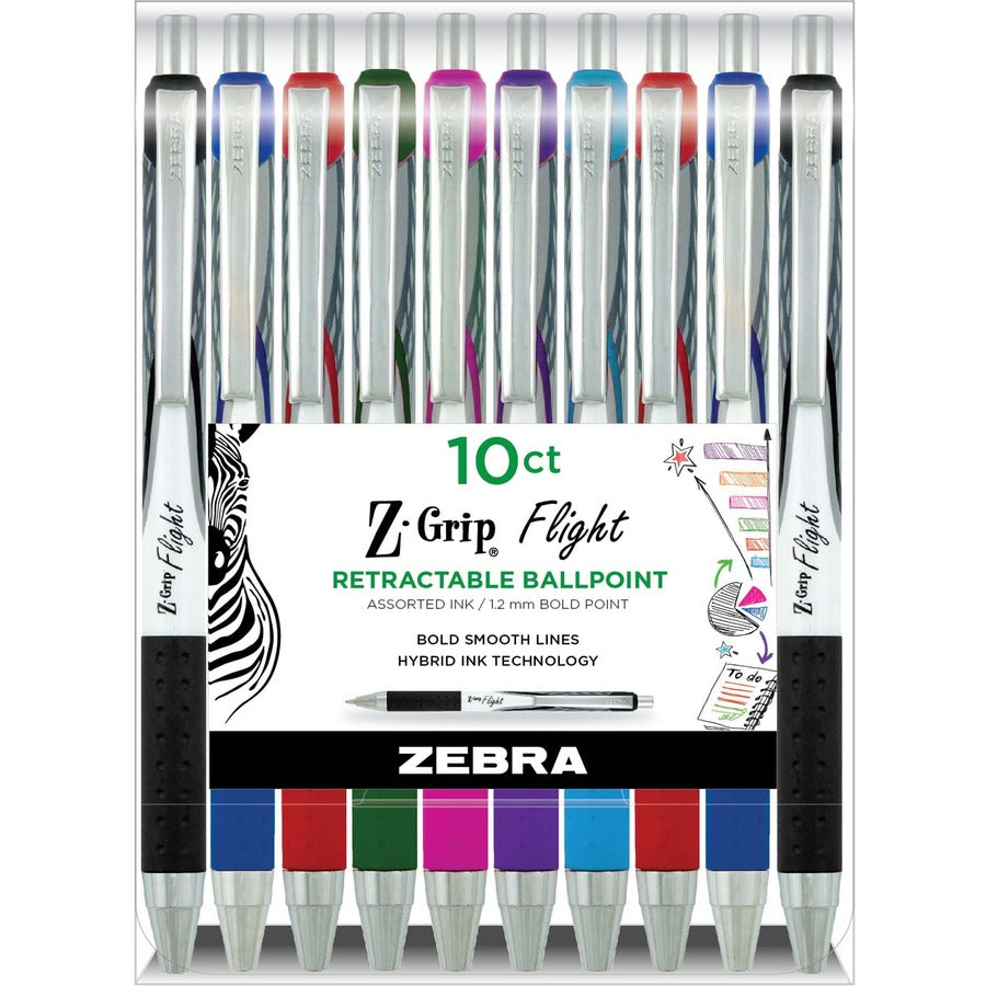 Zebra Pen Z-Grip Flight Retractable Pens - Retractable - Multi Ink - Gel-based - Assorted Plastic Barrel - 10 / Pack