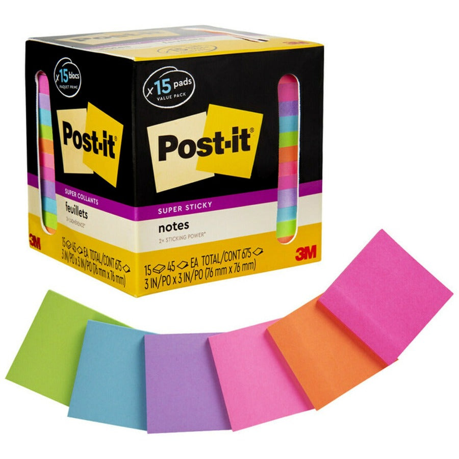 Post-it®, Super Sticky Notes - 15 - 3" Flag/Note Width x 3" Flag/Note Length - Square - 45 Sheets per Pad - Neon Orange, Tropical Pink, Power Pink, Iris, Blue Paradise, Neon Green Limeade - Adhesive, Recyclable - 15 / Pack