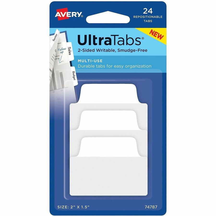 Avery®, Ultra Tabs Repositionable Multi-Use Tabs - 24 Tab(s) - 8 Tab(s)/Set - Removable - Clear Film, White Paper Tab(s) - Repositionable, Writable, Durable, Smudge-free, Residue-free, Sturdy, Reusable, Double-sided, Smudge Resistant - 24 / Pack