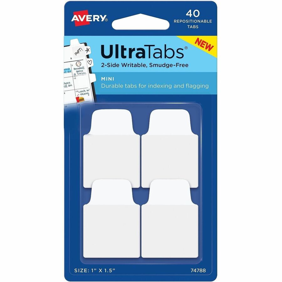 Avery®, Ultra Tabs Repositionable Mini Tabs - 40 Tab(s) - 10 Tab(s)/Set - Removable - Clear Film, White Paper Tab(s) - Repositionable, Writable, Durable, Smudge-free, Residue-free, Sturdy, Reusable, Double-sided, Smudge Resistant - 40 / Pack