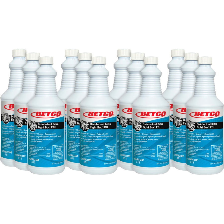 Betco Fight-Bac RTU Disinfectant Cleaner - For Multi Surface - Ready-To-Use - Spray - 32 fl oz (1 quart) - Citrus Floral Scent - Recommended For: Grease Remover, Soil Remover, Virus Remover - Deodorize, Anti-bacterial - Clear - 12 / Carton