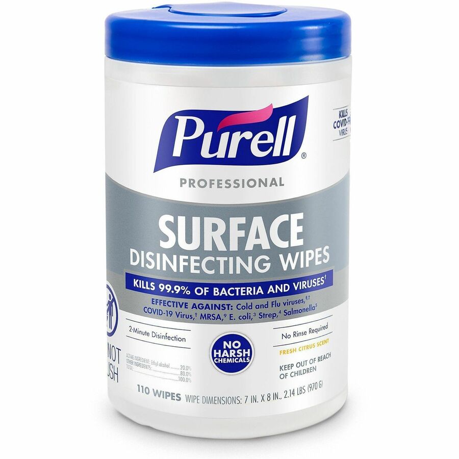 PURELL®, Professional Surface Disinfecting Wipes - Ready-To-Use - Fresh Citrus Scent - 8" Length x 7" Width - Disinfectant, Odor-free, Rinse-free, Durable, Chemical-free - 110/Tub - 1 Each