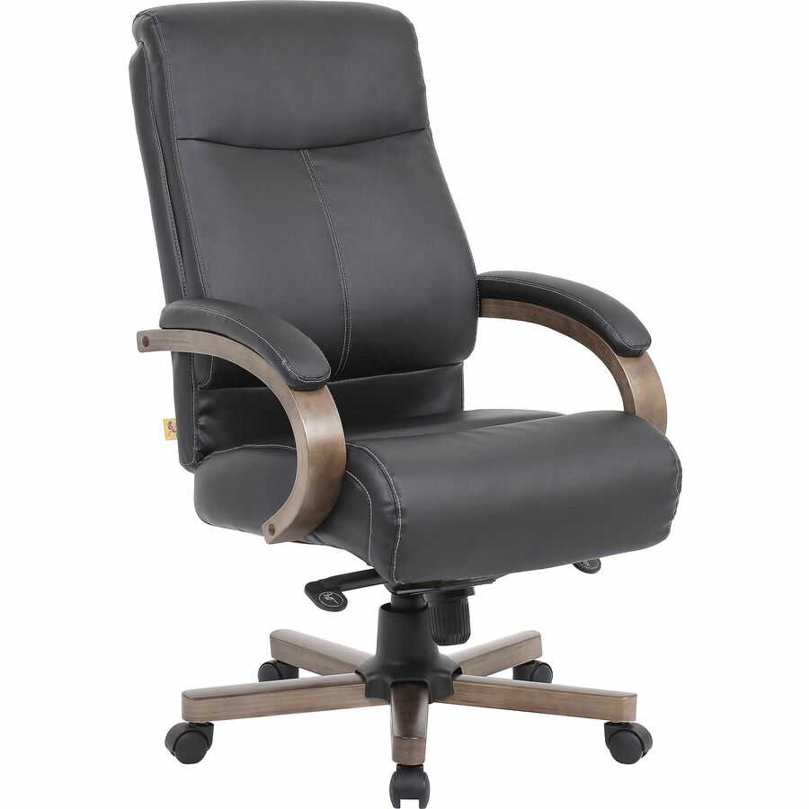 Lorell Executive High-Back Wood Finish Office Chair - Black Seat Color - Leather Seat Material - Black Back Color - Leather Back Material - High Back - Armrest - 1 Each